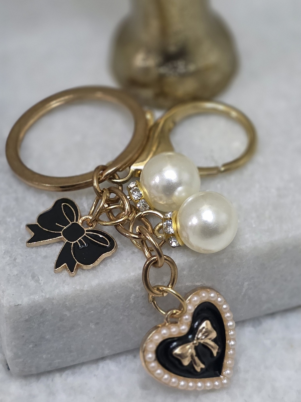 Black Bow Heart Pearl Bag Charm Keychain Gold Tone